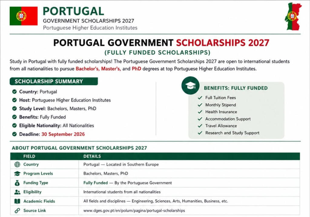 Portugal Government Scholarship 2027: Eligibility, Benefits, Application Process 1 Portugal Government Scholarship 2027: Eligibility, Benefits, Application Process