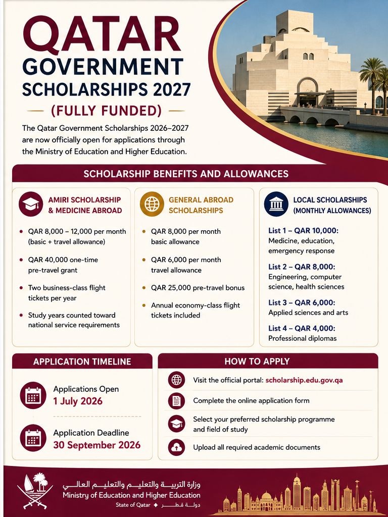 Qatar Government Scholarship 2027: Eligibility, Benefits, Deadline, Process 2 Qatar Government Scholarship 2027 Poster